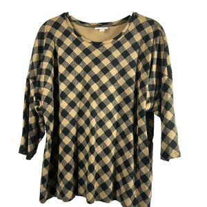 J Jill Women's Top Size XL Black Tan Check Plaid Pullover 3/4 Sleeve Stretch